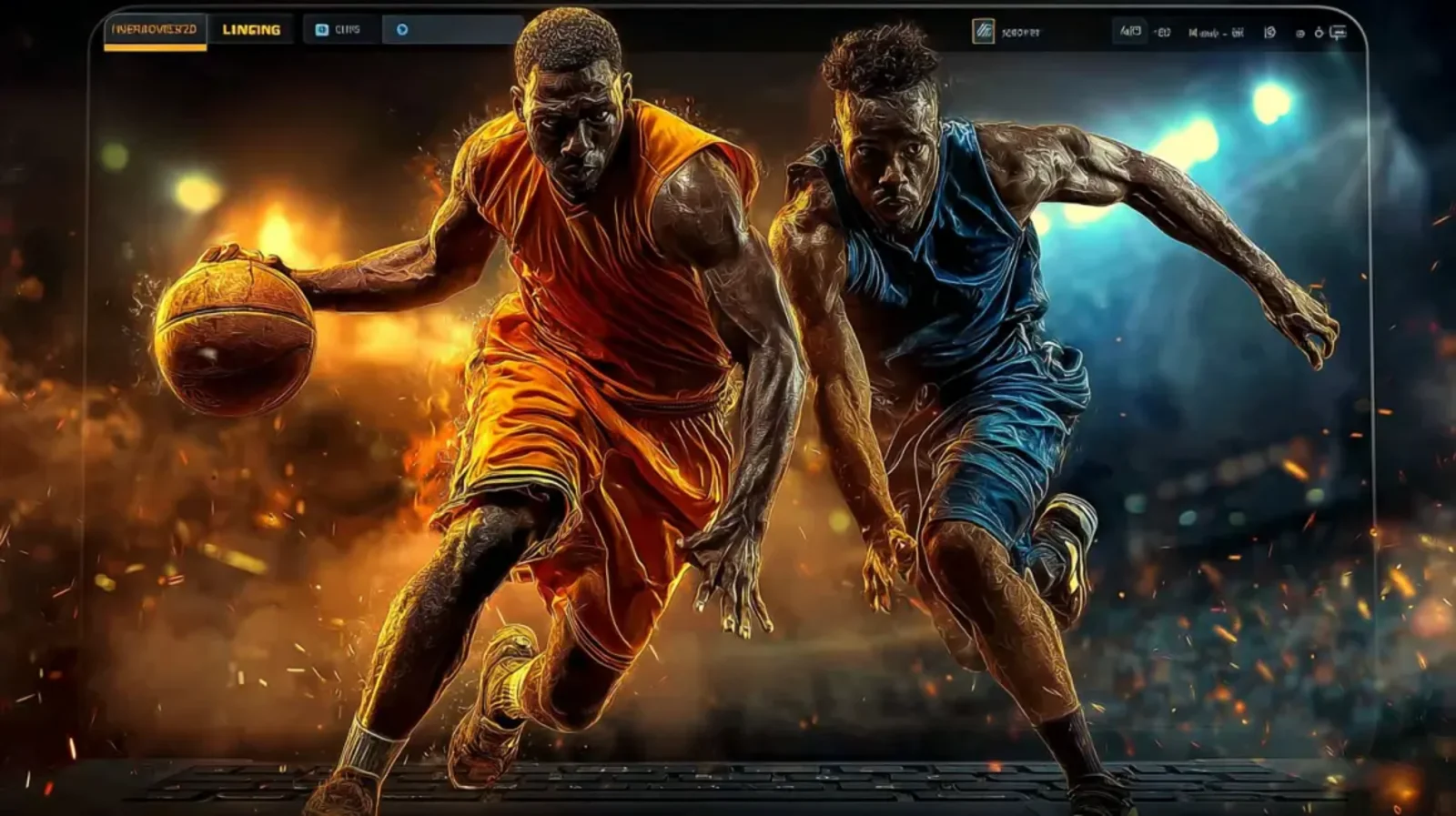 Two athletic basketball players in action, dribbling and defending, featured on the tk685 sports betting platform, surrounded by fiery effects to convey the game's intensity.