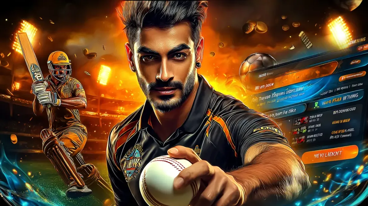 A handsome male cricket player holds a cricket ball, with a batsman and a dynamic tk685 sports betting interface in the background, perfect for live betting on matches.