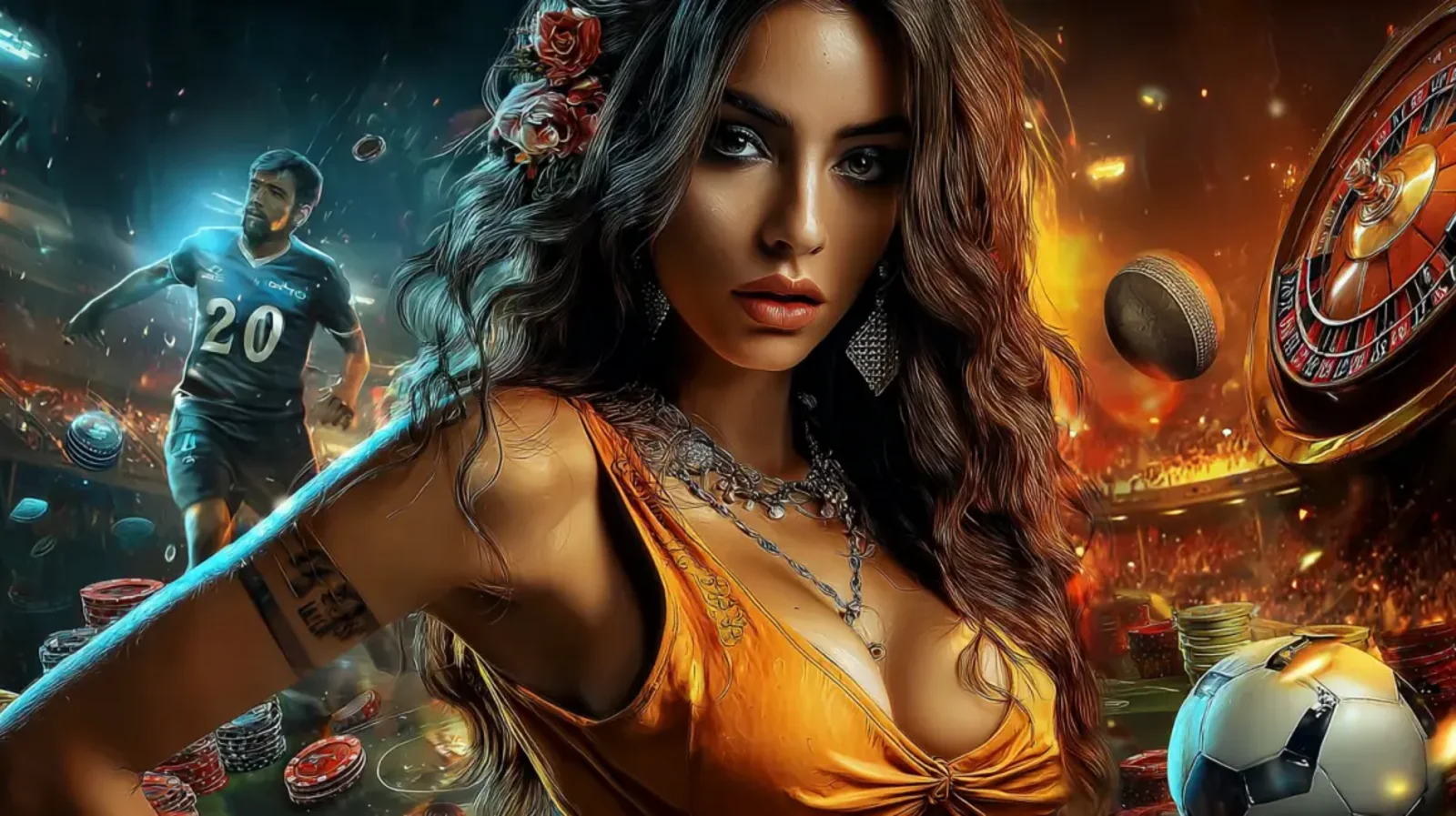 A beautiful woman in an orange top is surrounded by sports action, including a soccer player and a roulette wheel, representing the variety of betting at tk685.