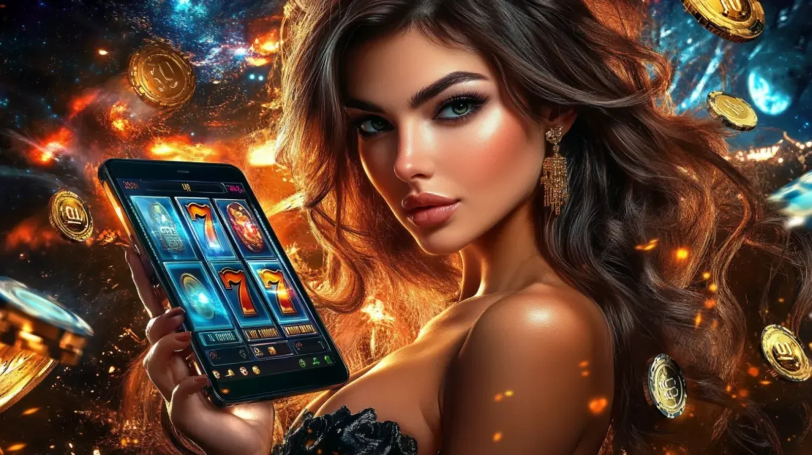 A beautiful woman with flowing brown hair holds a smartphone showcasing a vibrant 777 slots game from tk685, set against a dynamic cosmic background with floating gold coins.