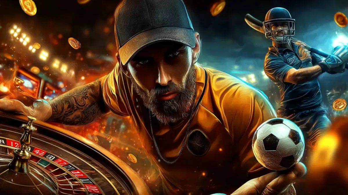 A focused man with a beard and baseball cap represents the diverse betting options at tk685, featuring a roulette wheel, a soccer ball, and a baseball player in the background.