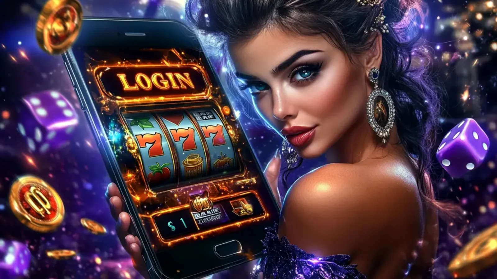 A stunning woman with blue eyes and red lipstick holds a phone displaying a classic 777 slot machine game on the tk685 platform, with purple dice and coins floating around.