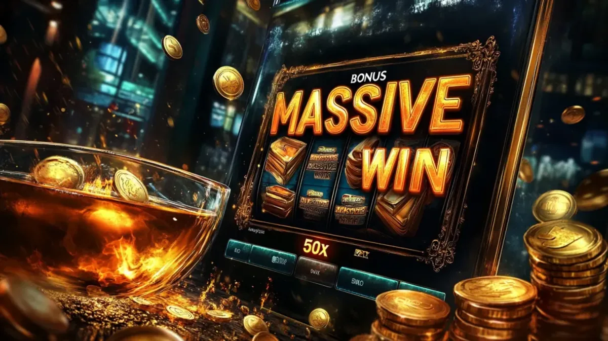 A close-up of a slot machine screen showing a MASSIVE WIN, with a glass of whiskey and piles of gold coins celebrating a big payout at the tk685 online casino.