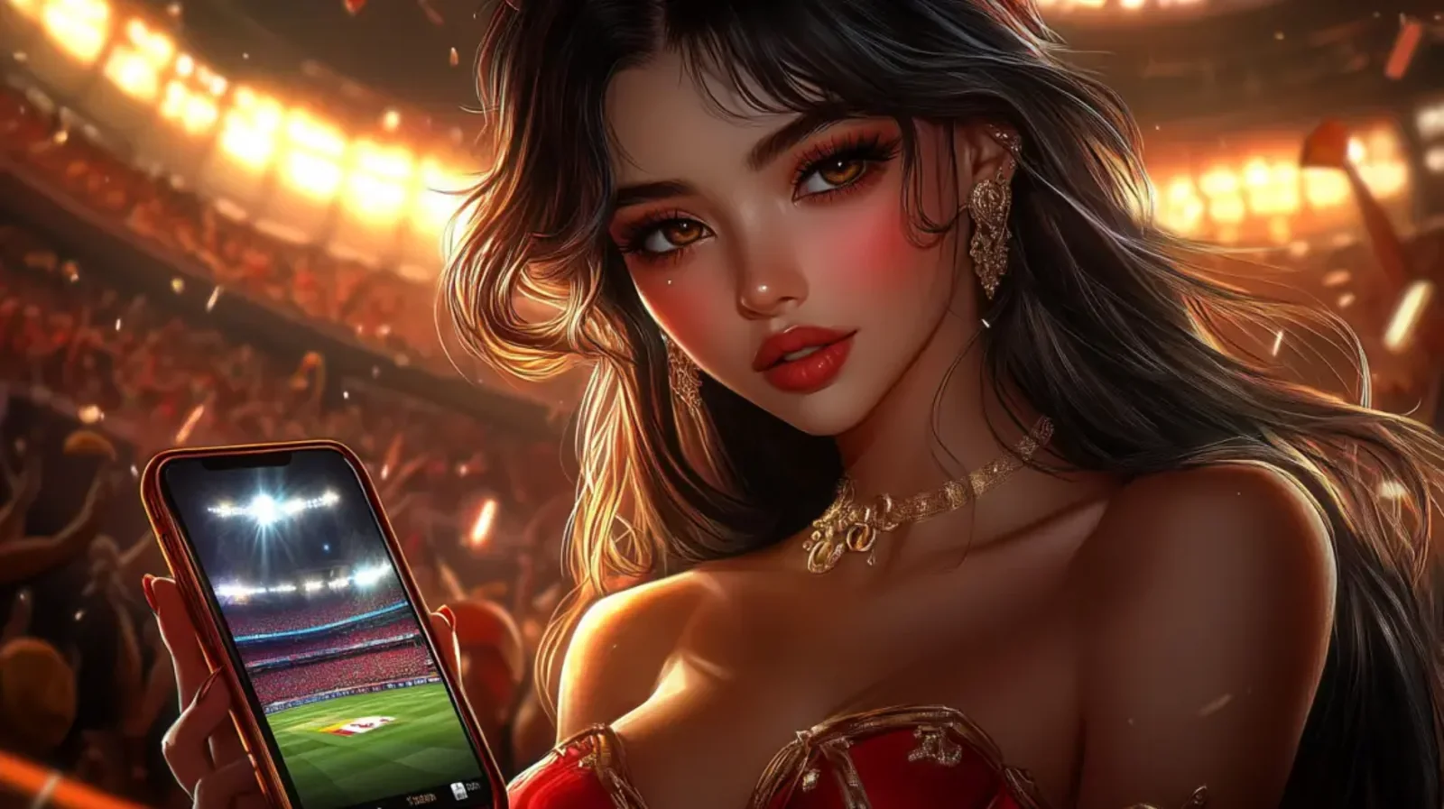 A lovely woman in a red dress holds a phone showing a live sports field on the tk685 betting app, with the bright lights of a massive stadium creating a thrilling atmosphere.
